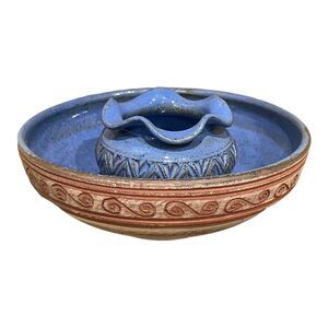 Earth Fire Pottery Bowl 7.5 Inch Jar‎ Vase Handmade Stoneware Blue Signed Salsa